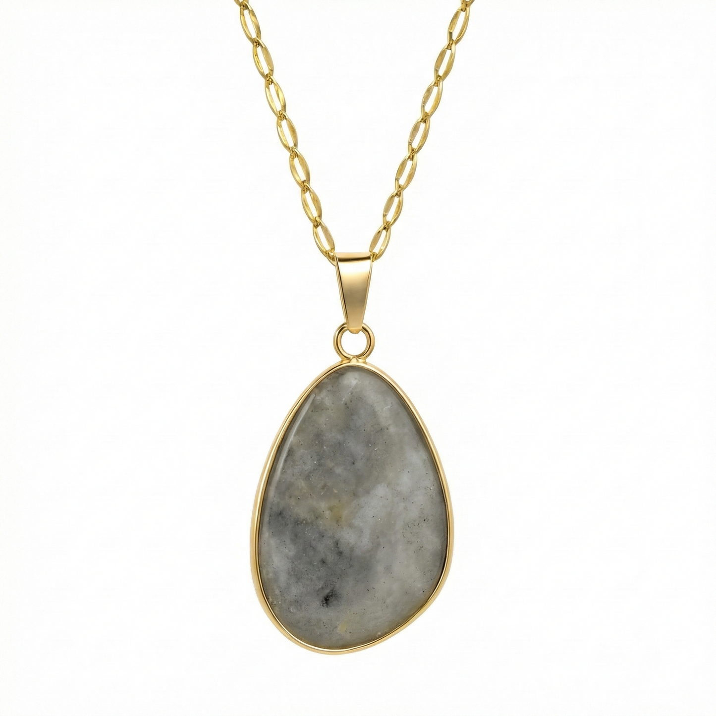 Collier doré en acier inoxydable avec pendentif ovale effet pierre naturelle grise