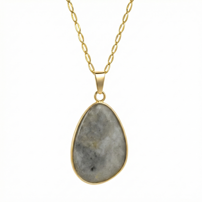 Collier doré en acier inoxydable avec pendentif ovale effet pierre naturelle grise