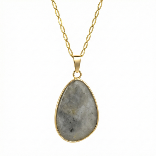 Collier doré en acier inoxydable avec pendentif ovale effet pierre naturelle grise