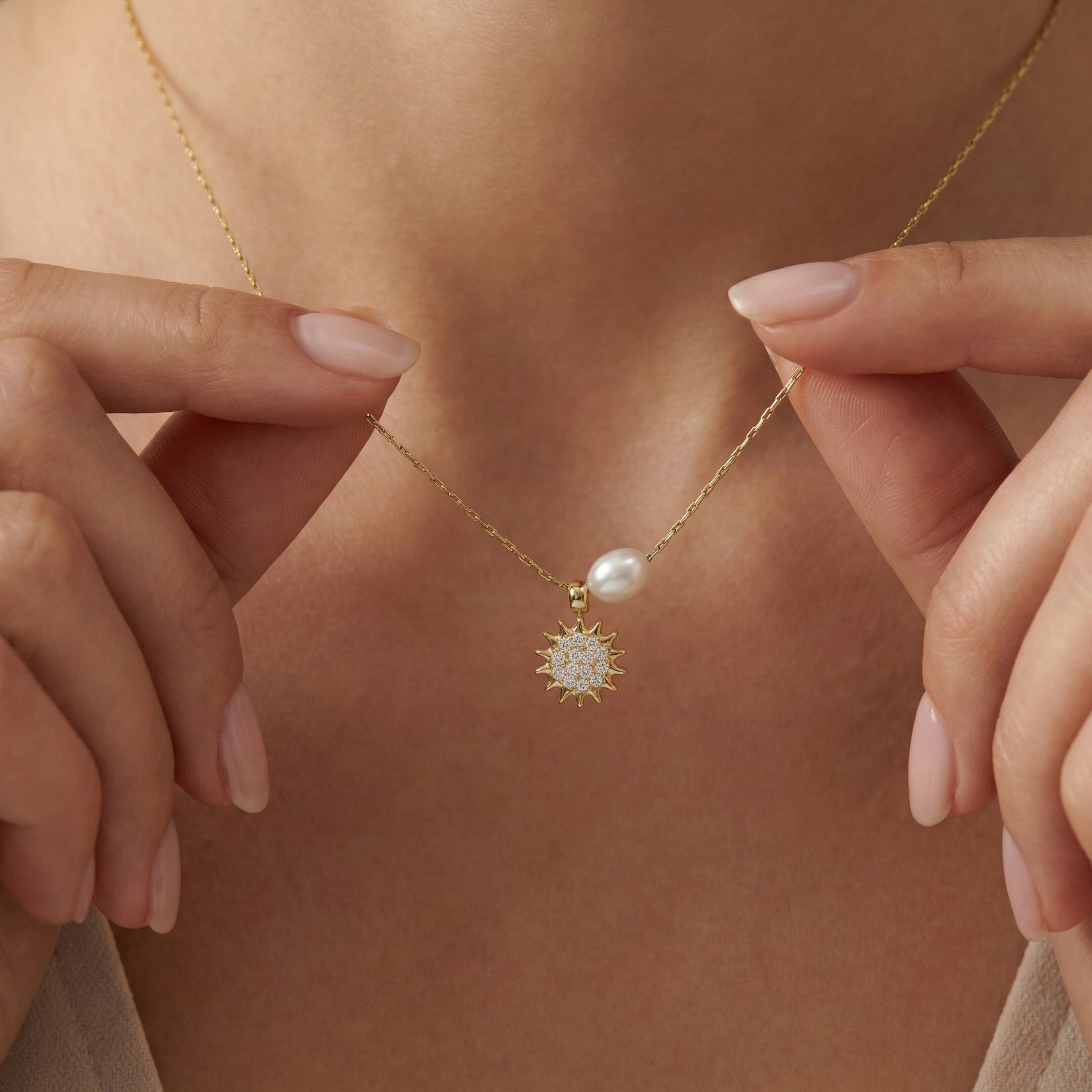 Collier doré en acier inoxydable avec perle blanche et pendentif soleil serti de zircons