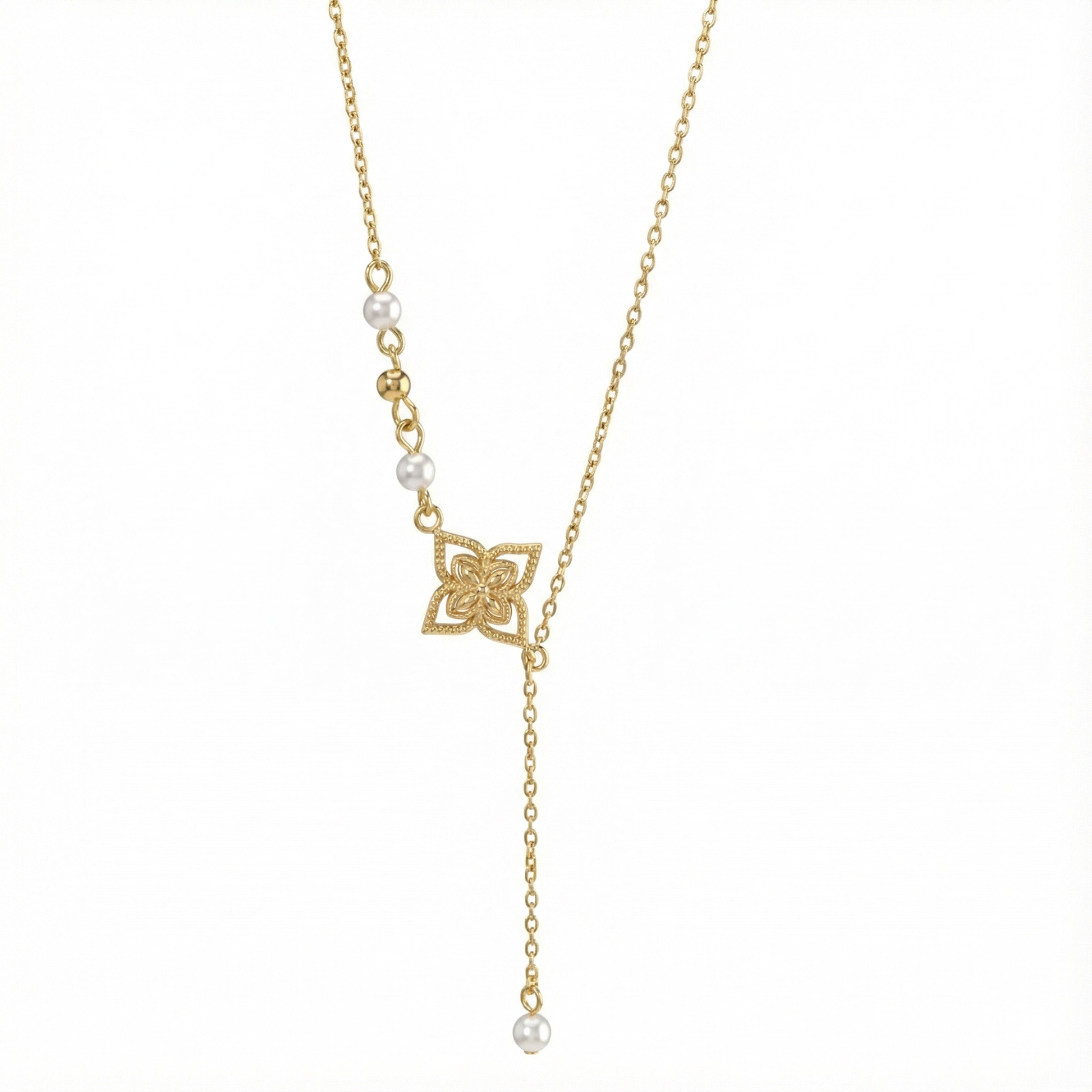 Collier doré asymétrique avec pendentif fleur et perles
