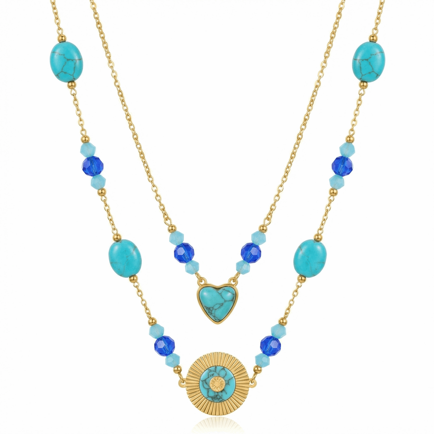 Collier doré double rang avec perles turquoise, cœur et médaillon solaire