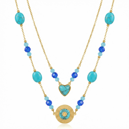 Collier doré double rang avec perles turquoise, cœur et médaillon solaire