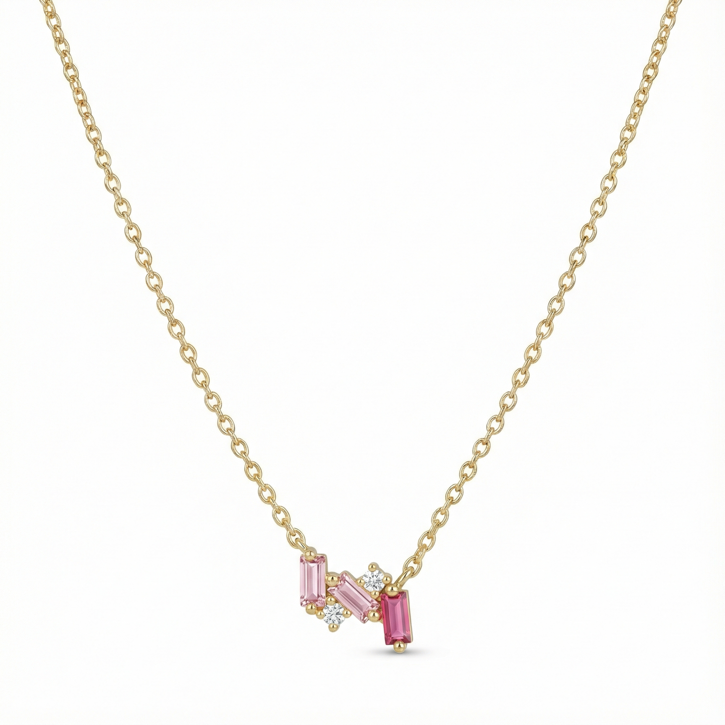 Collier doré or 18k avec pendentif composé de baguettes roses en dégradé et zircons blancs, bijou féminin et lumineux