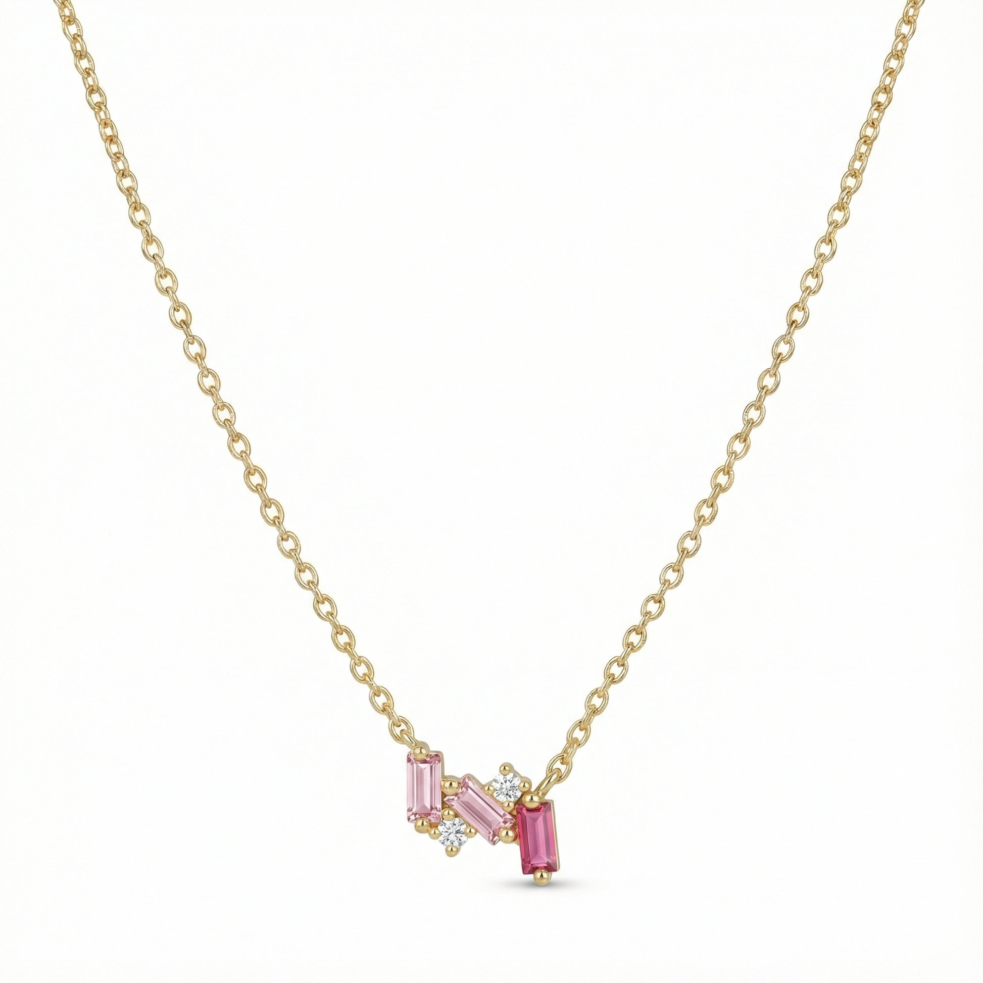 Collier doré or 18k avec pendentif composé de baguettes roses en dégradé et zircons blancs, bijou féminin et lumineux