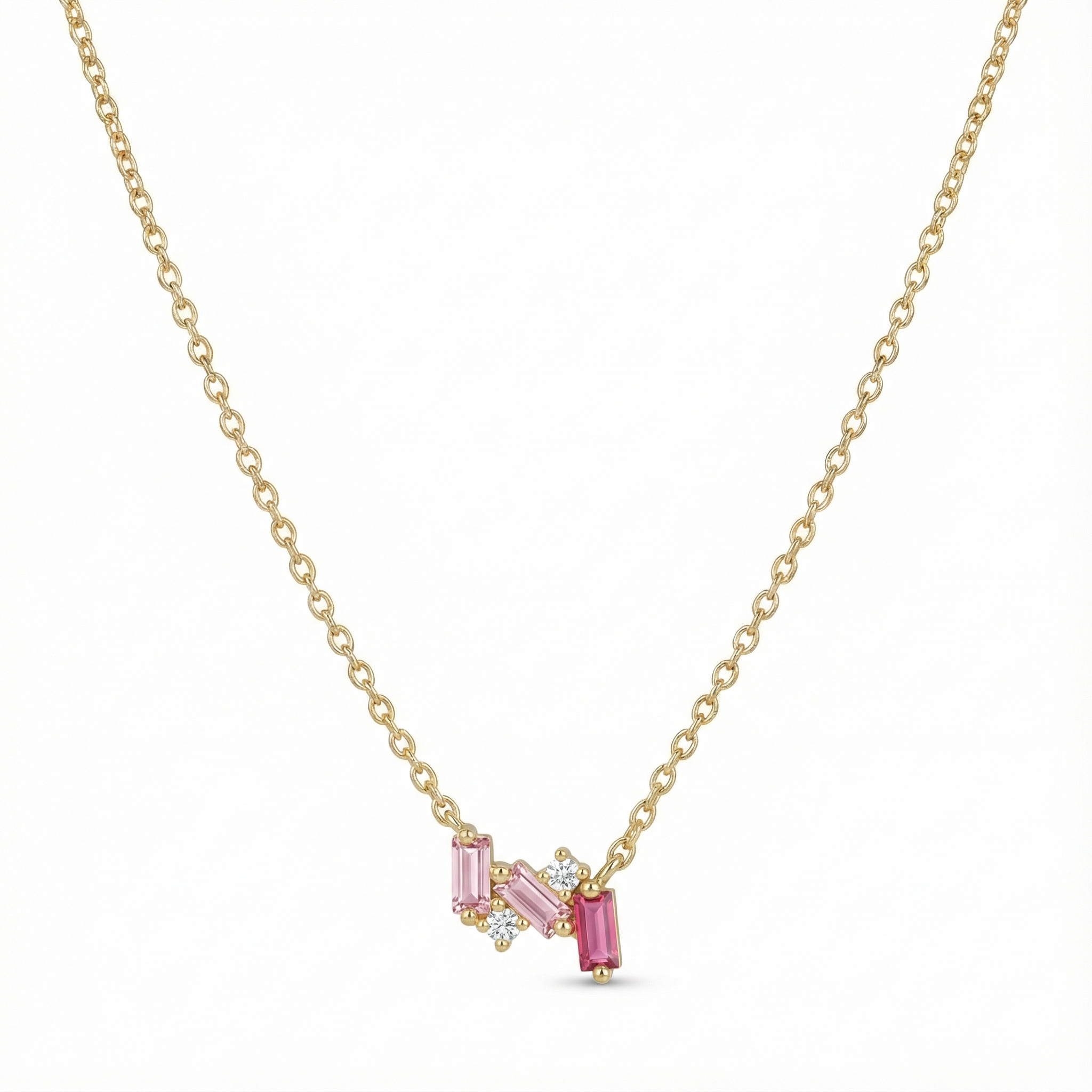Collier doré or 18k avec pendentif composé de baguettes roses en dégradé et zircons blancs, bijou féminin et lumineux