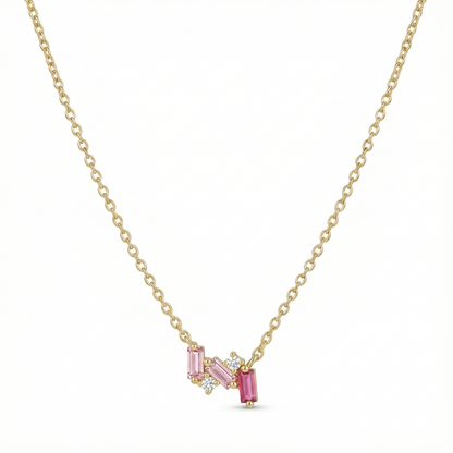 Collier doré or 18k avec pendentif composé de baguettes roses en dégradé et zircons blancs, bijou féminin et lumineux
