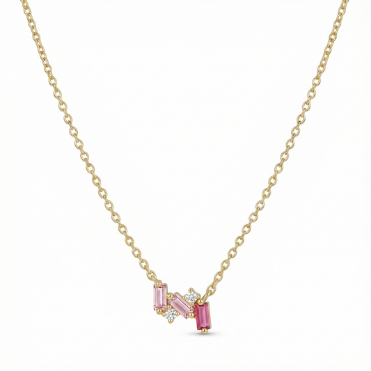 Collier doré or 18k avec pendentif composé de baguettes roses en dégradé et zircons blancs, bijou féminin et lumineux