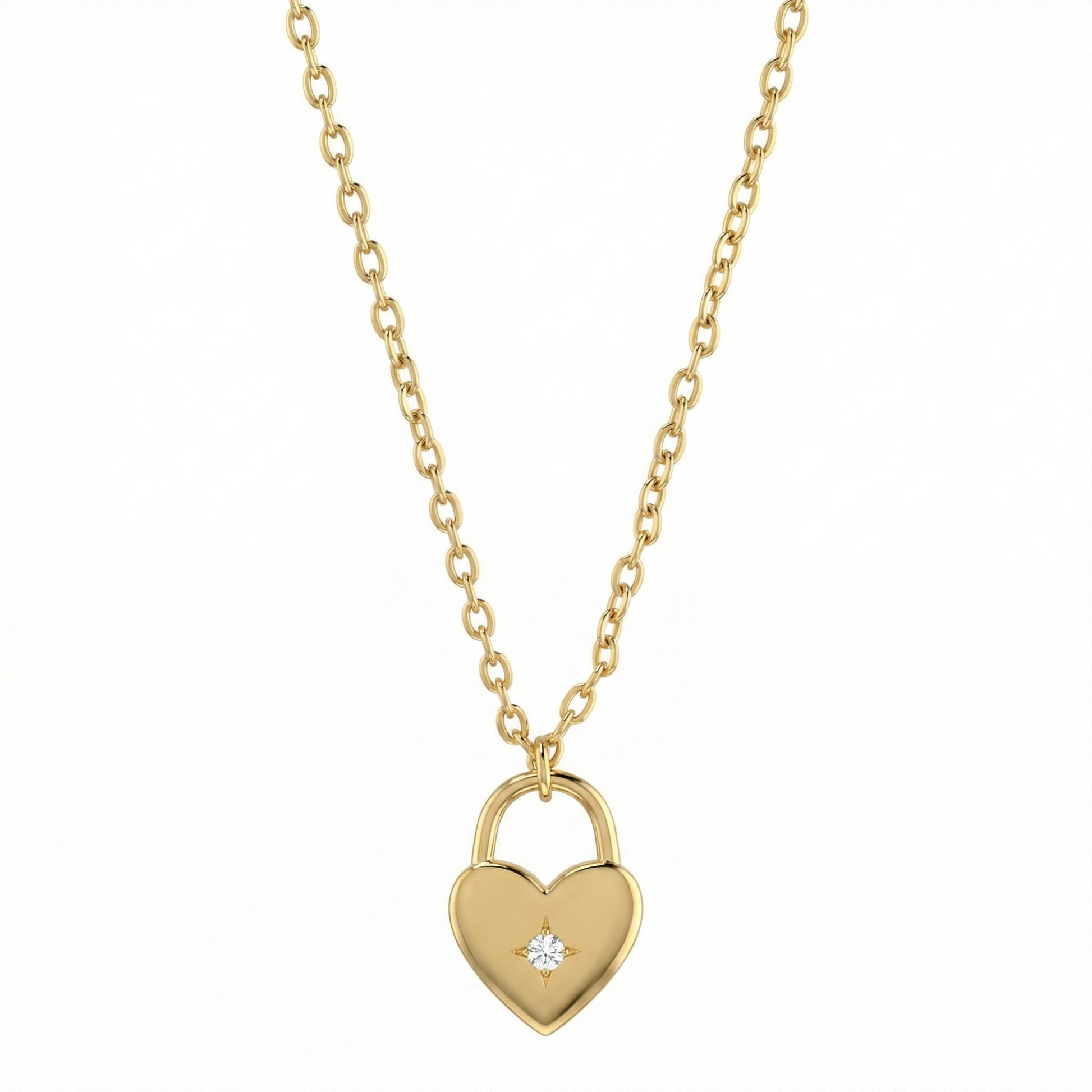 Collier doré or 18k avec pendentif cœur cadenas et zircon blanc central
