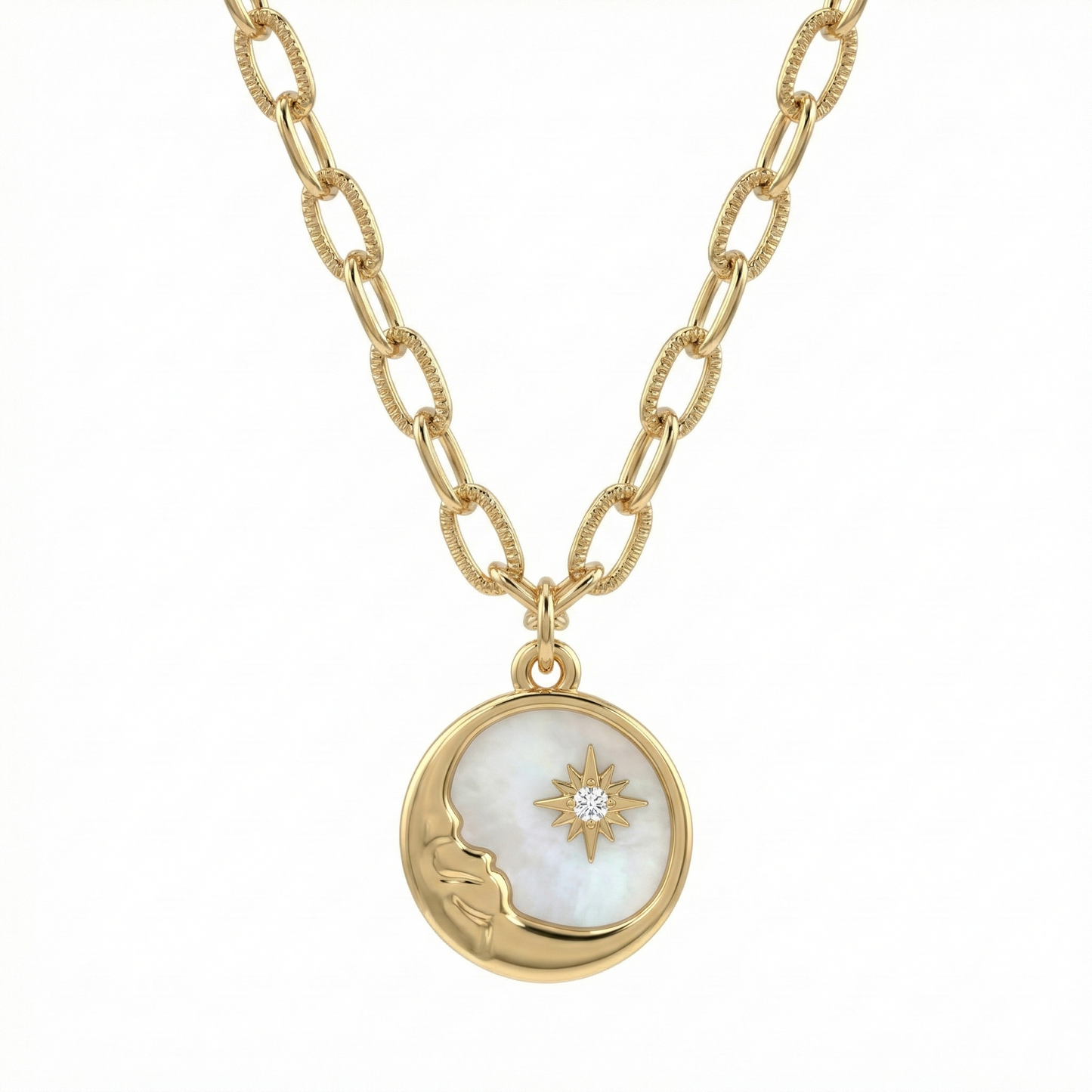 Collier doré or 18k avec pendentif lune et soleil, nacre effet ormeau et zircon