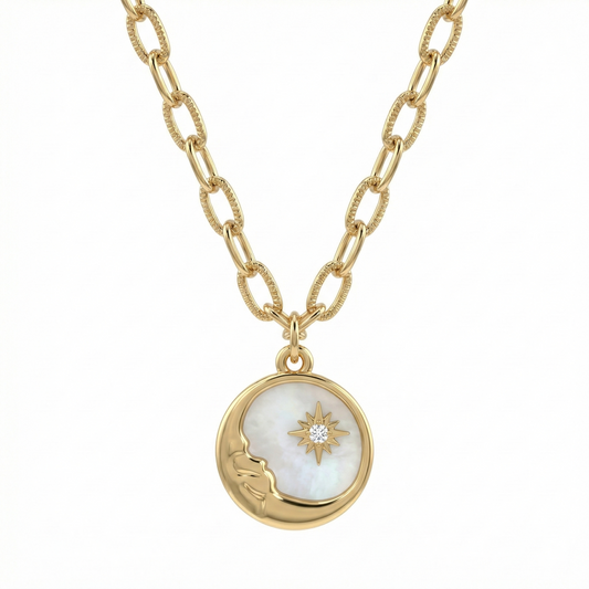 Collier doré or 18k avec pendentif lune et soleil, nacre effet ormeau et zircon
