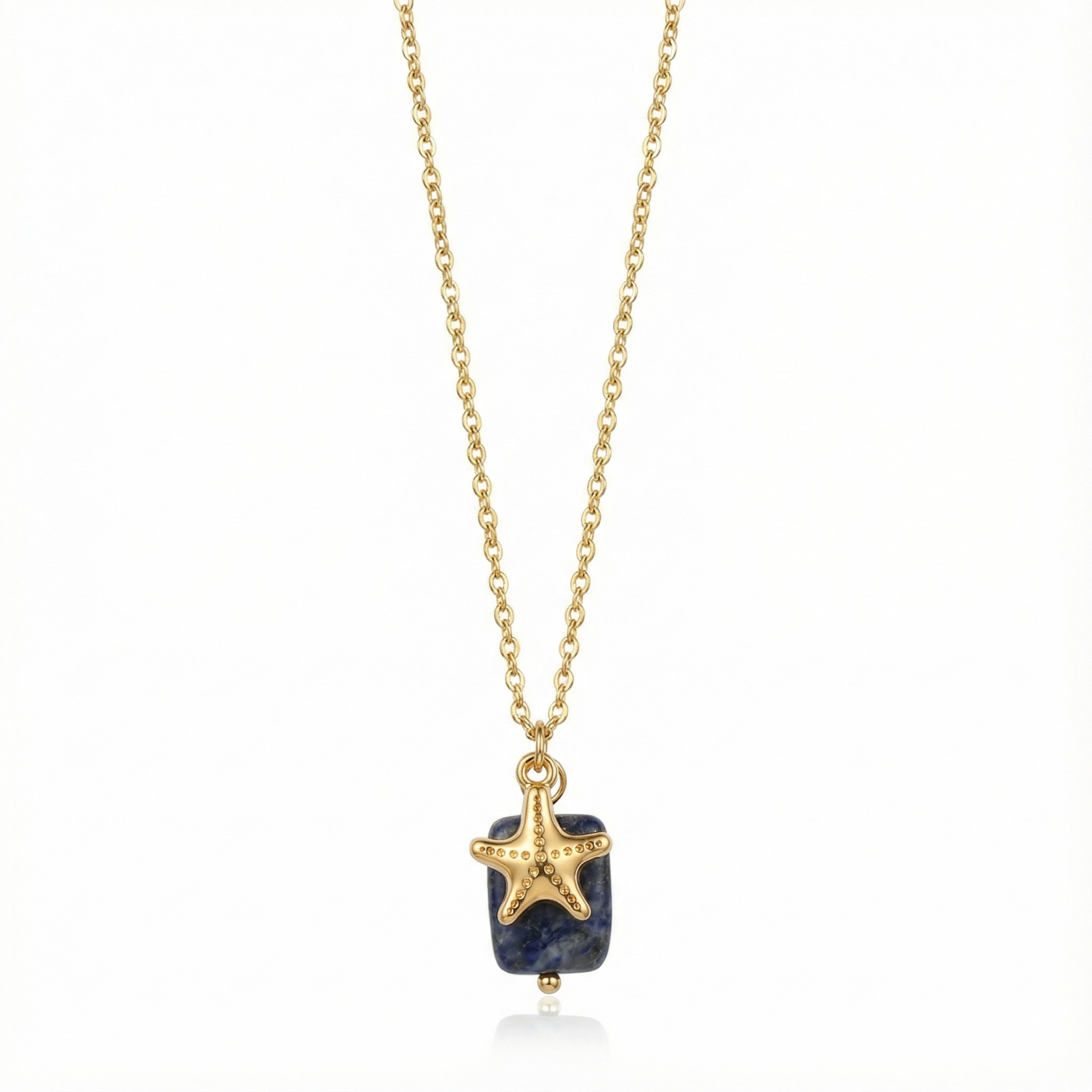 Collier d'été incontournable : pendentif étoile de mer dorée et petite pierre colorée, chaîne acier waterproof pour la plage.