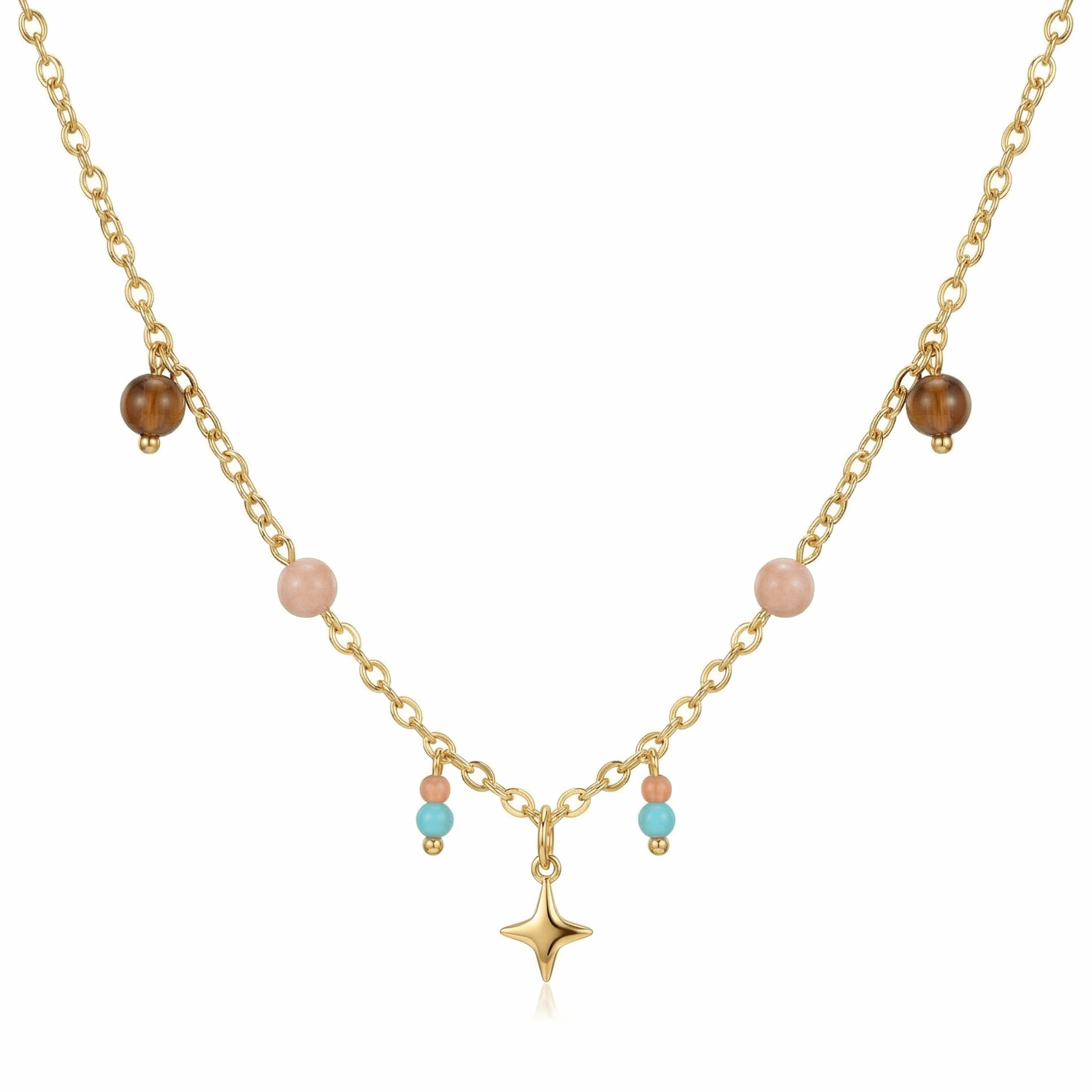Collier doré en acier inoxydable avec étoile centrale et perles colorées