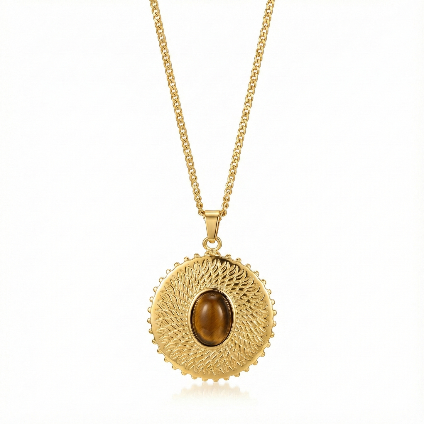 Collier talisman de protection avec médaillon en pierre naturelle œil de tigre, chaîne en acier inoxydable doré durable.