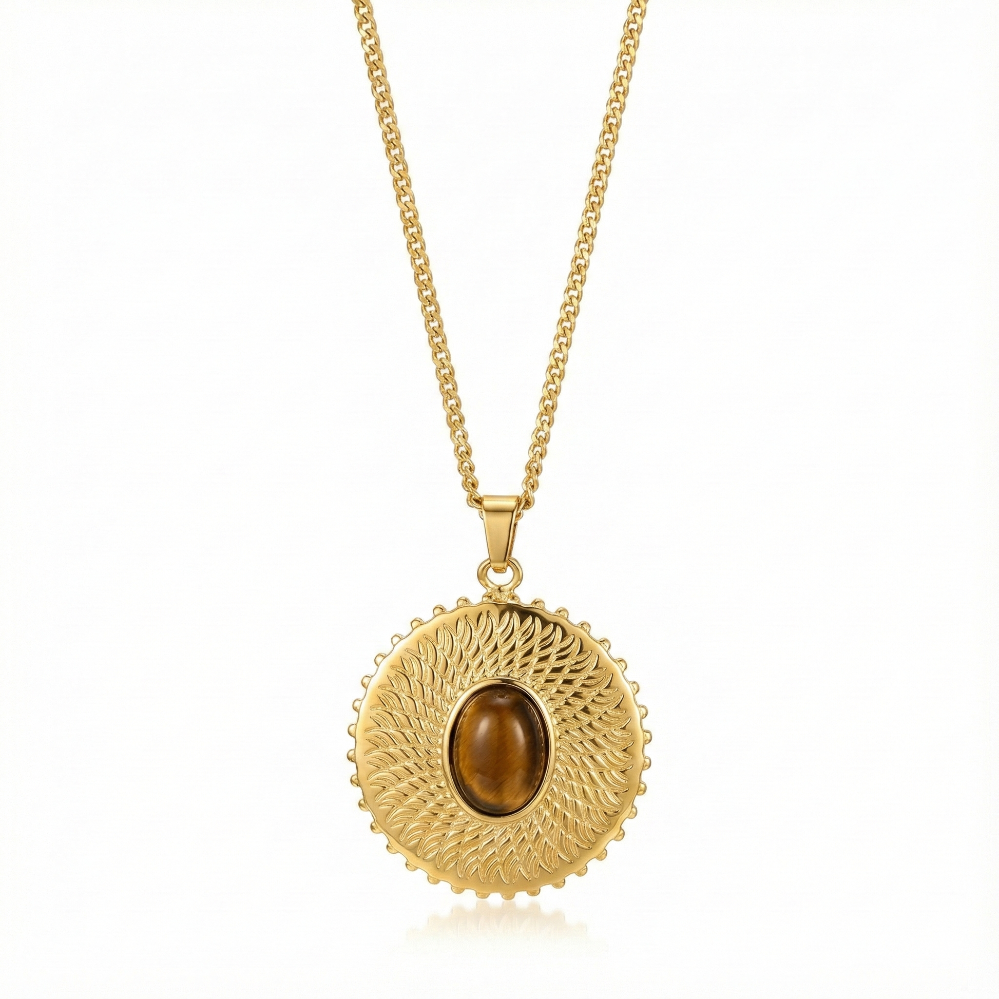Collier talisman de protection avec médaillon en pierre naturelle œil de tigre, chaîne en acier inoxydable doré durable.