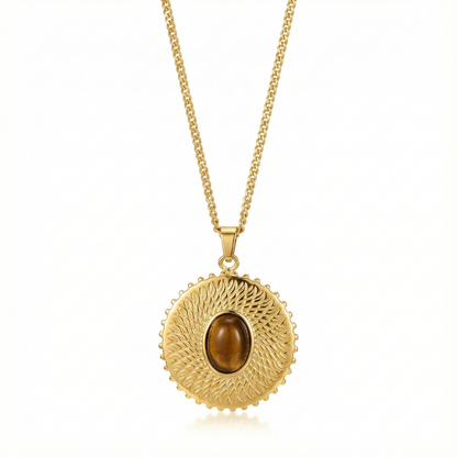 Collier talisman de protection avec médaillon en pierre naturelle œil de tigre, chaîne en acier inoxydable doré durable.