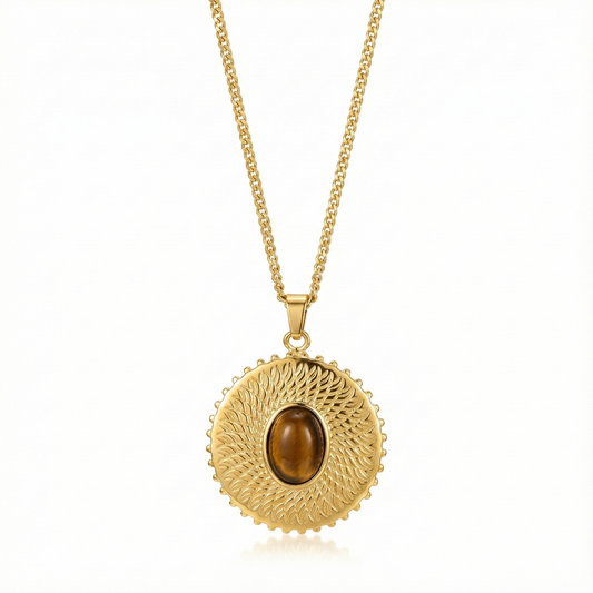 Collier talisman de protection avec médaillon en pierre naturelle œil de tigre, chaîne en acier inoxydable doré durable.
