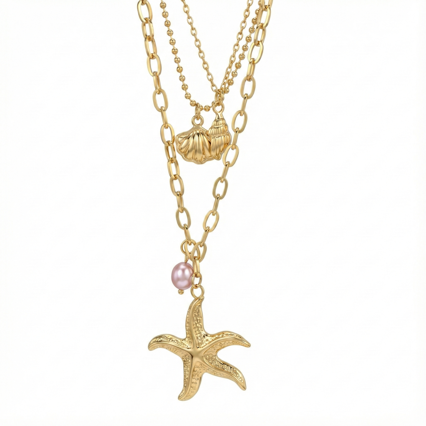 Collier multi-rangs étoile de mer en acier inoxydable doré avec coquillage et perle