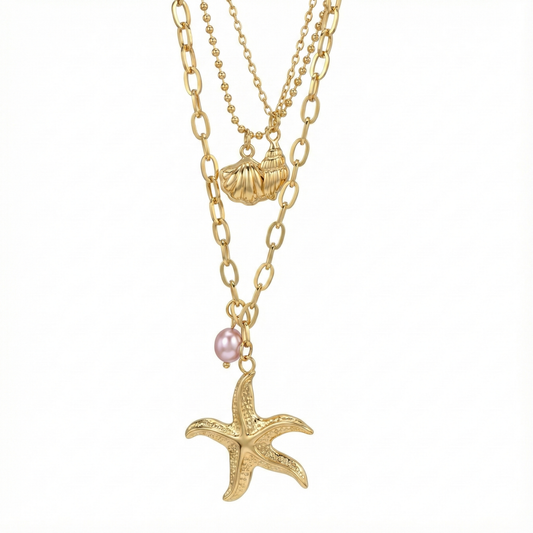 Collier multi-rangs étoile de mer en acier inoxydable doré avec coquillage et perle