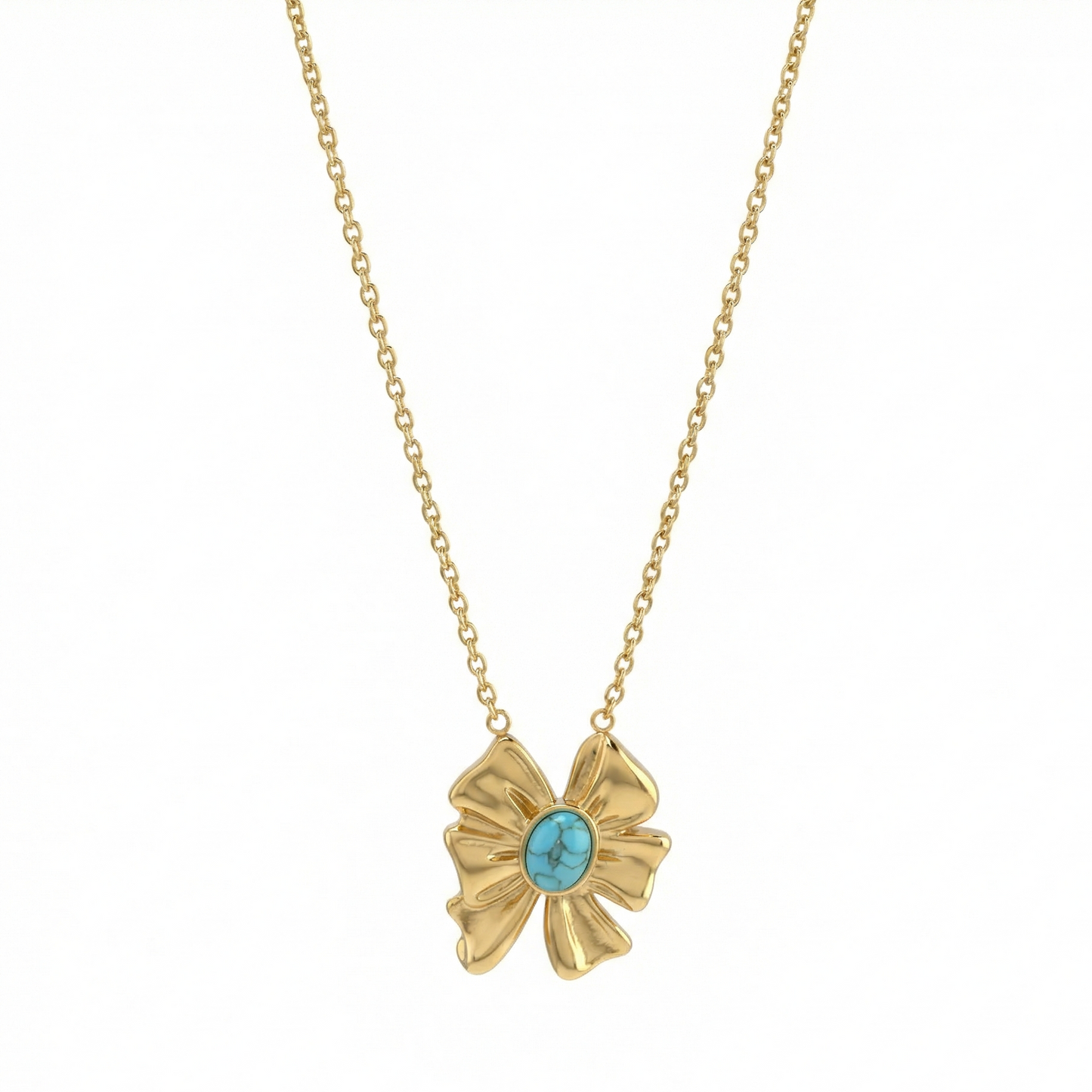 Collier nœud sculpté en acier inoxydable doré avec pierre turquoise ovale