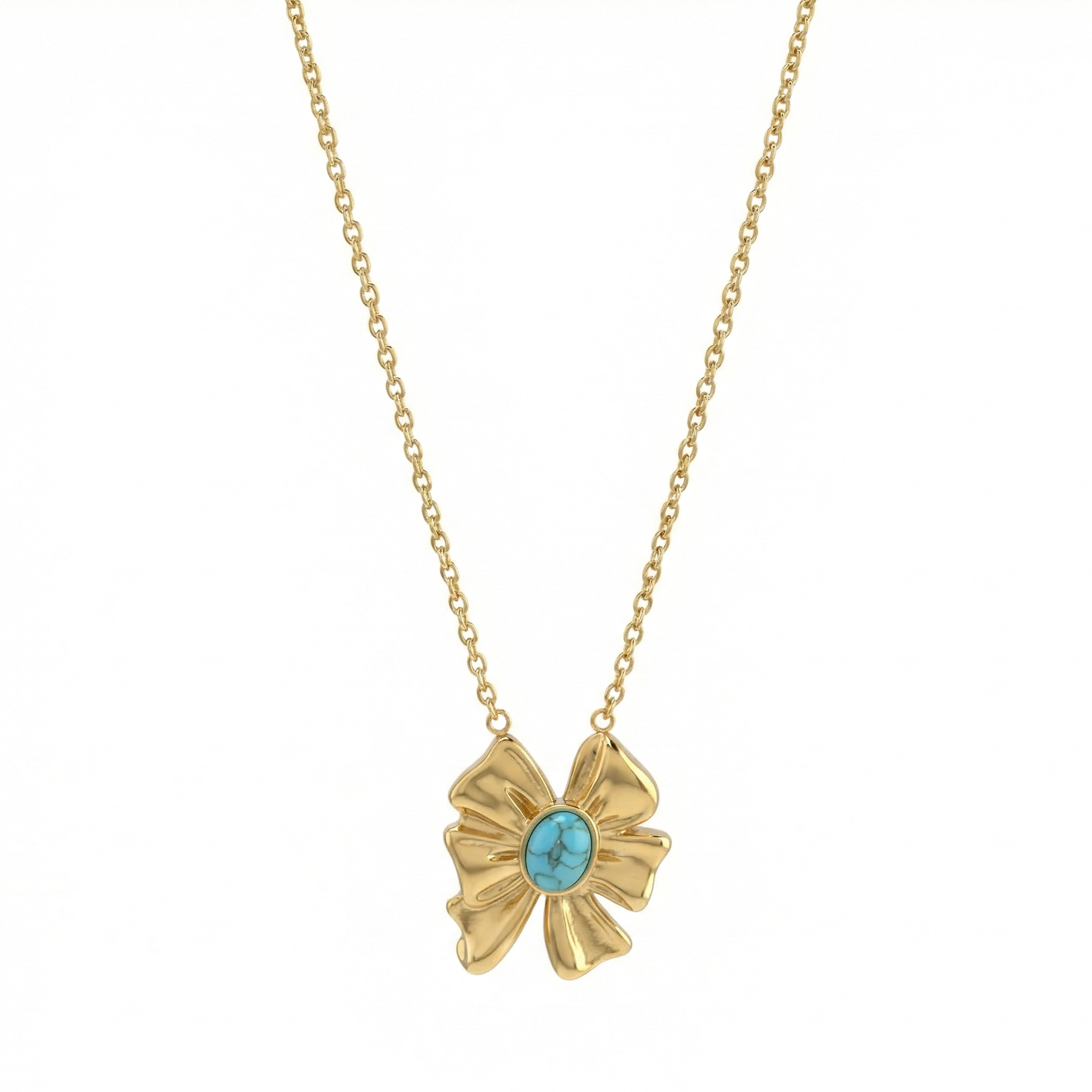 Collier nœud sculpté en acier inoxydable doré avec pierre turquoise ovale