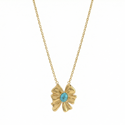 Collier nœud sculpté en acier inoxydable doré avec pierre turquoise ovale