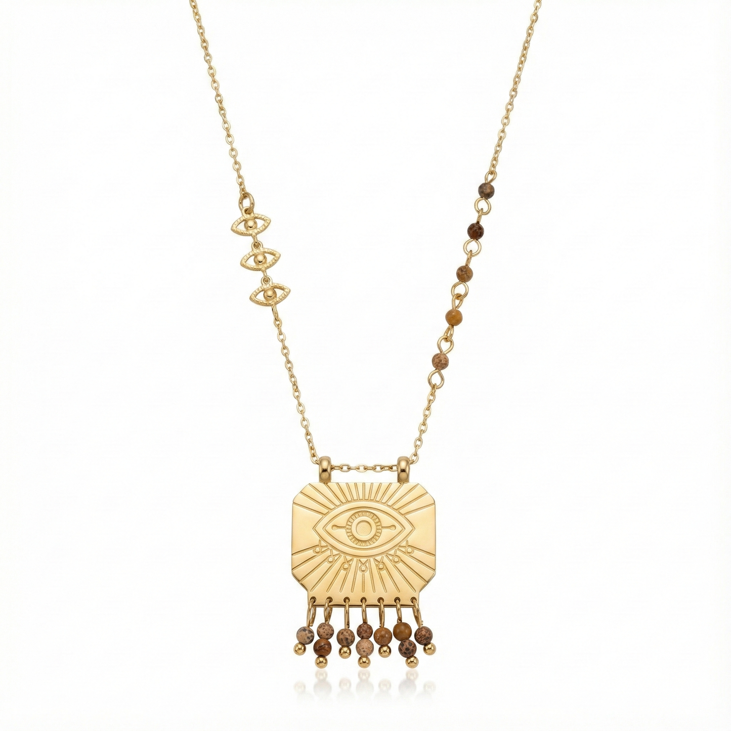 Collier œil protecteur gravé avec pampilles en acier inoxydable doré