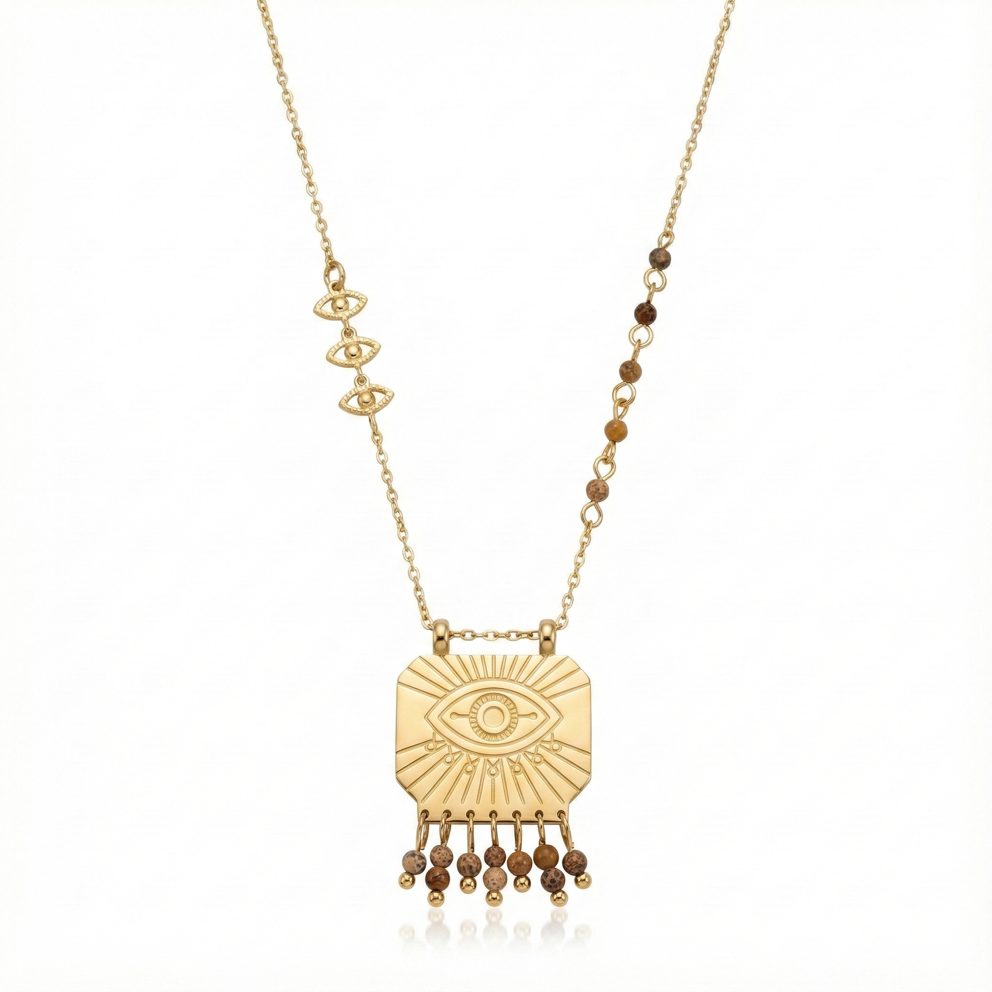 Collier œil protecteur gravé avec pampilles en acier inoxydable doré
