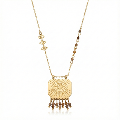 Collier œil protecteur gravé avec pampilles en acier inoxydable doré