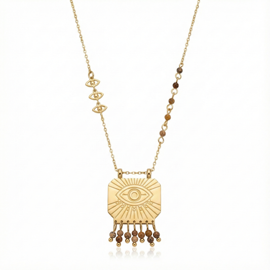 Collier œil protecteur gravé avec pampilles en acier inoxydable doré