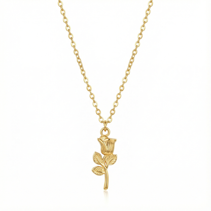 Collier pendentif fleur de rose en relief doré, symbole d'amour éternel et de romantisme sur chaîne en acier.