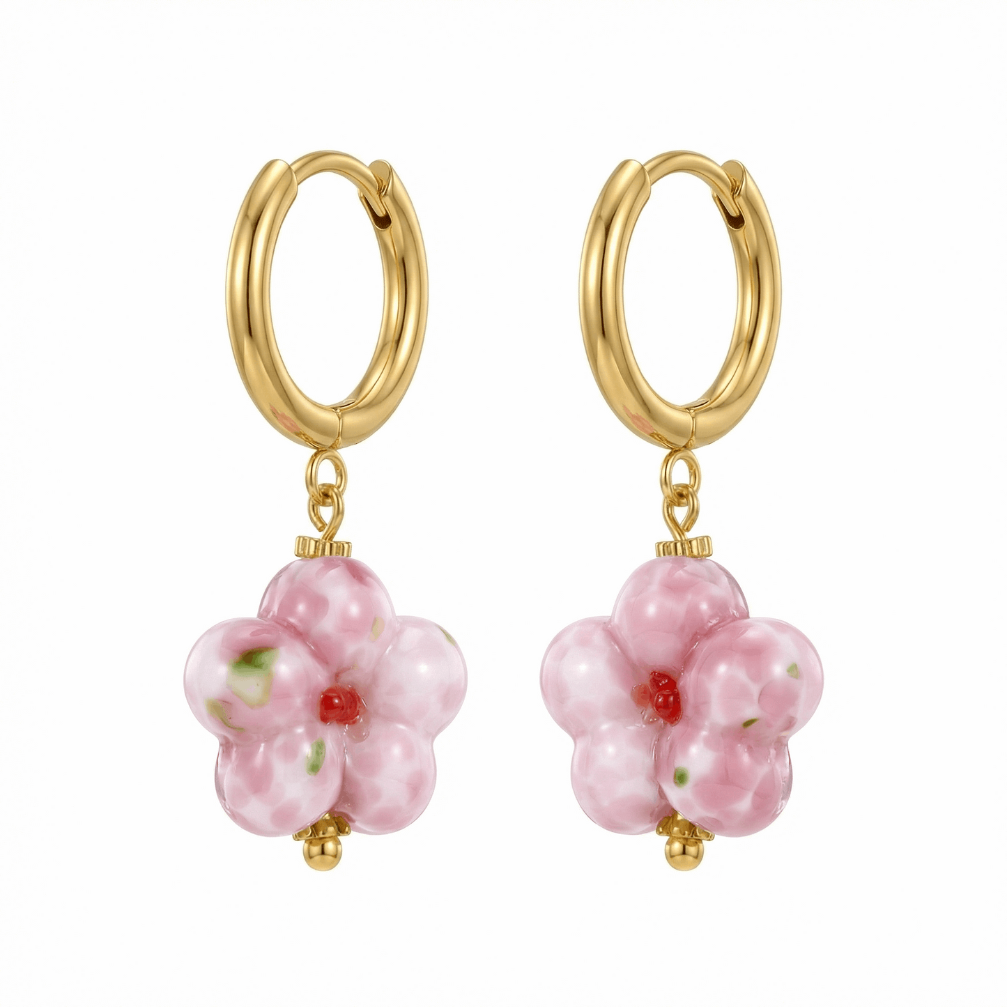 Créoles dorées en acier inoxydable avec pendentif fleur rose