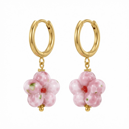 Créoles dorées en acier inoxydable avec pendentif fleur rose