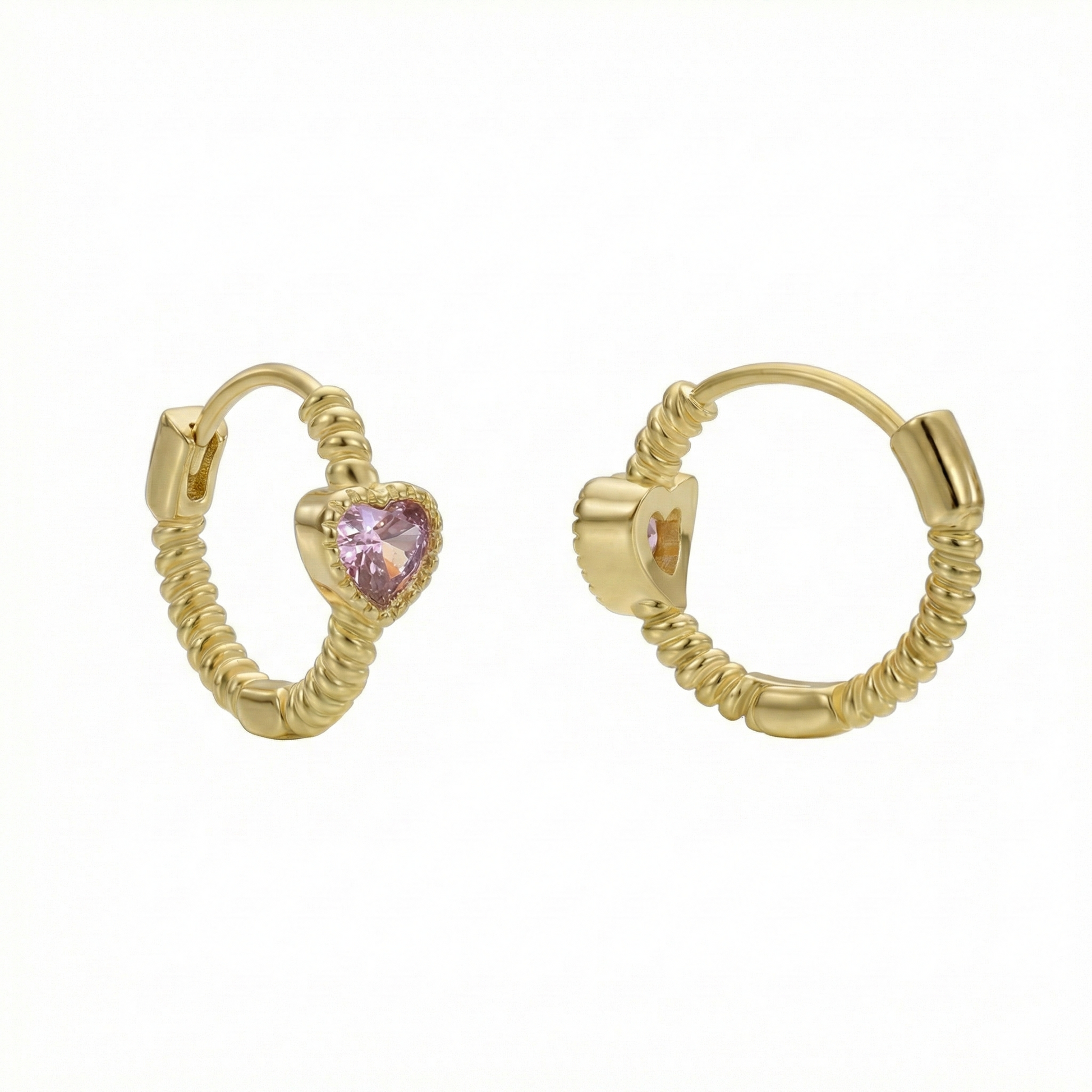 Créoles dorées or 18k texturées avec pierre cœur rose sertie