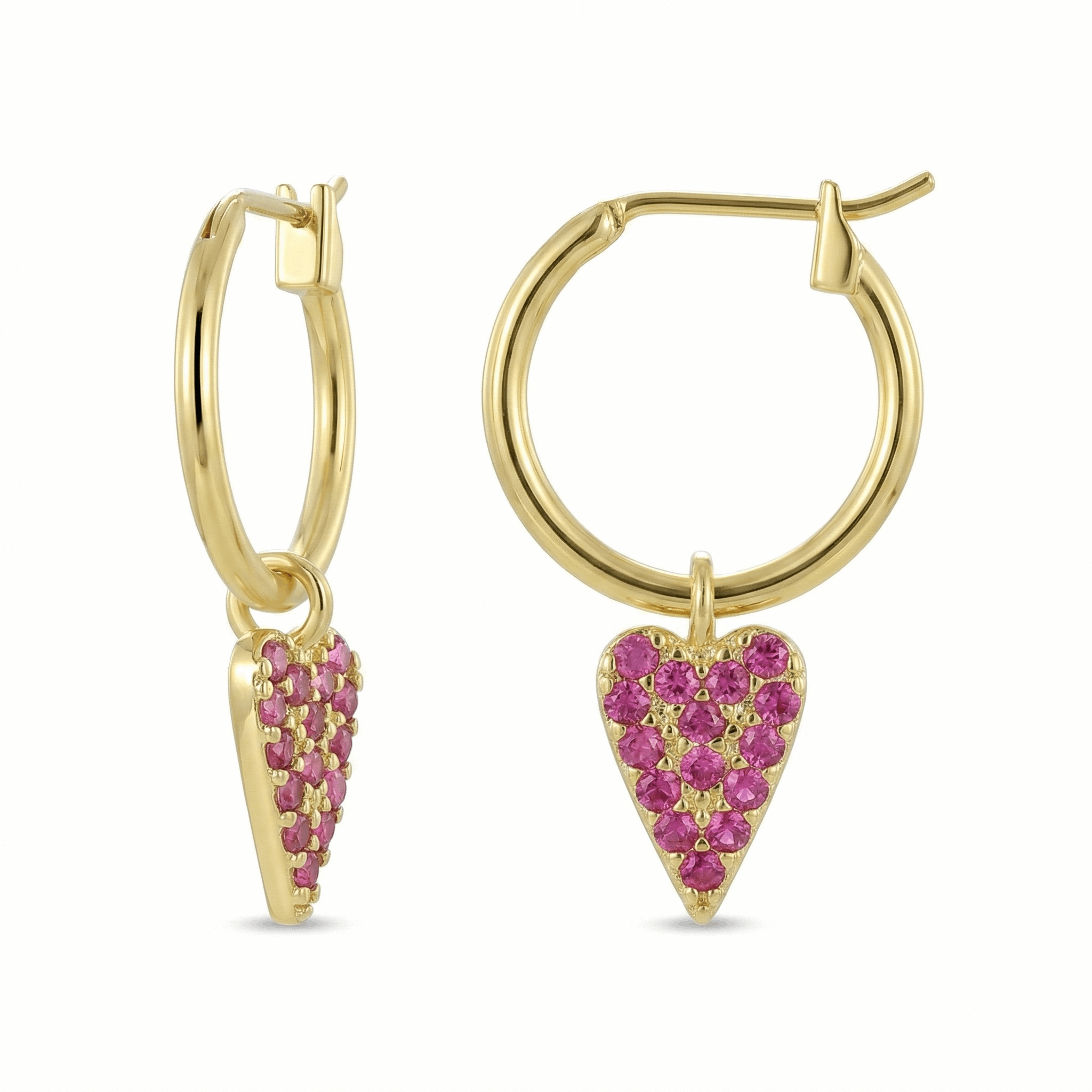 Créoles dorées or 18k avec pendentif cœur pavé de zircons roses