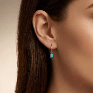 Créoles dorées or 18k avec pierre turquoise ovale pendante