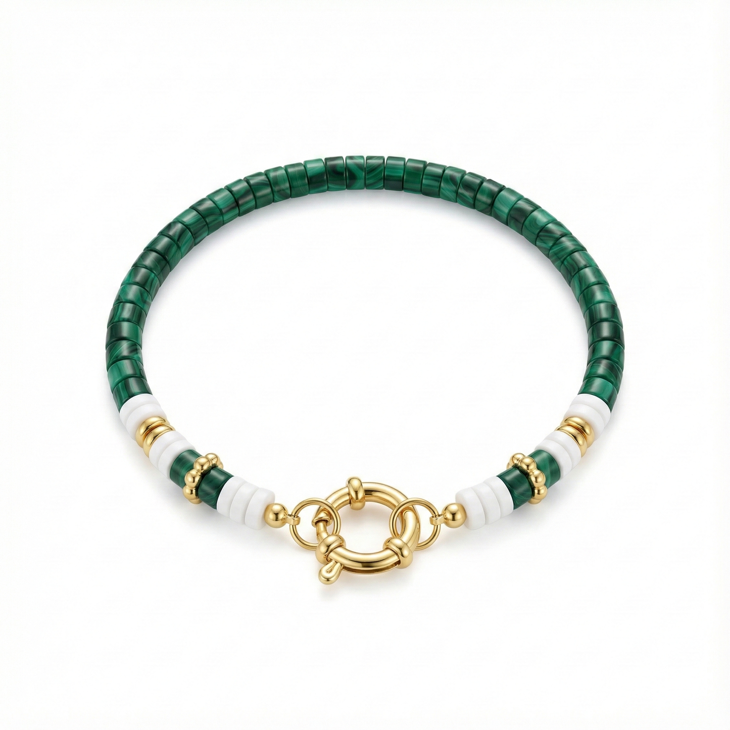 bracelet acier inoxydable doré malachite verte perles vertes vue large