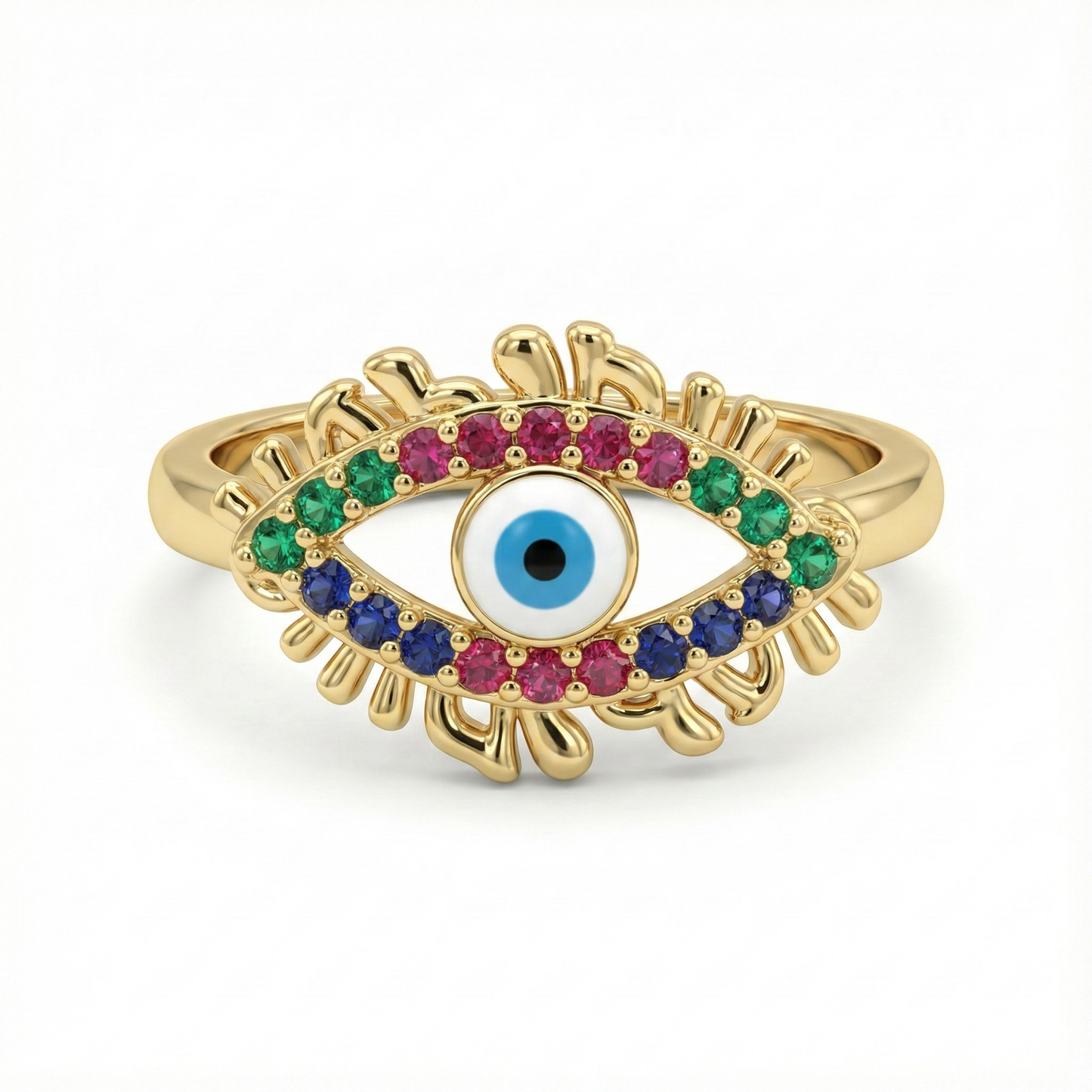 Détail motif œil protecteur en émail multicolore sur bague dorée