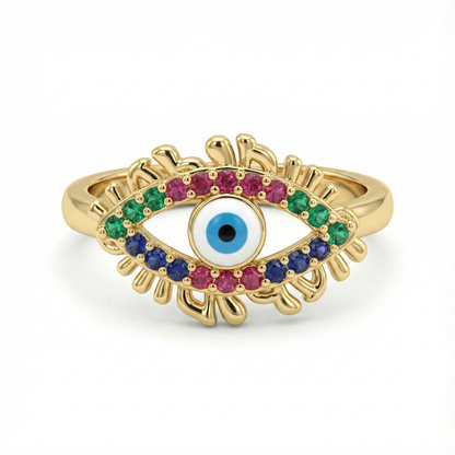 Détail motif œil protecteur en émail multicolore sur bague dorée