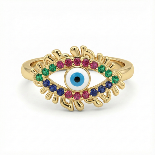 Détail motif œil protecteur en émail multicolore sur bague dorée