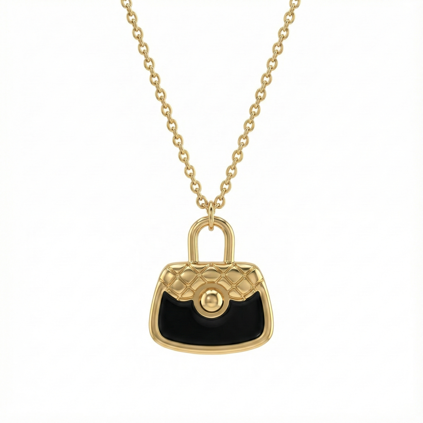 Détail pendentif sac à main noir émaillé collier doré