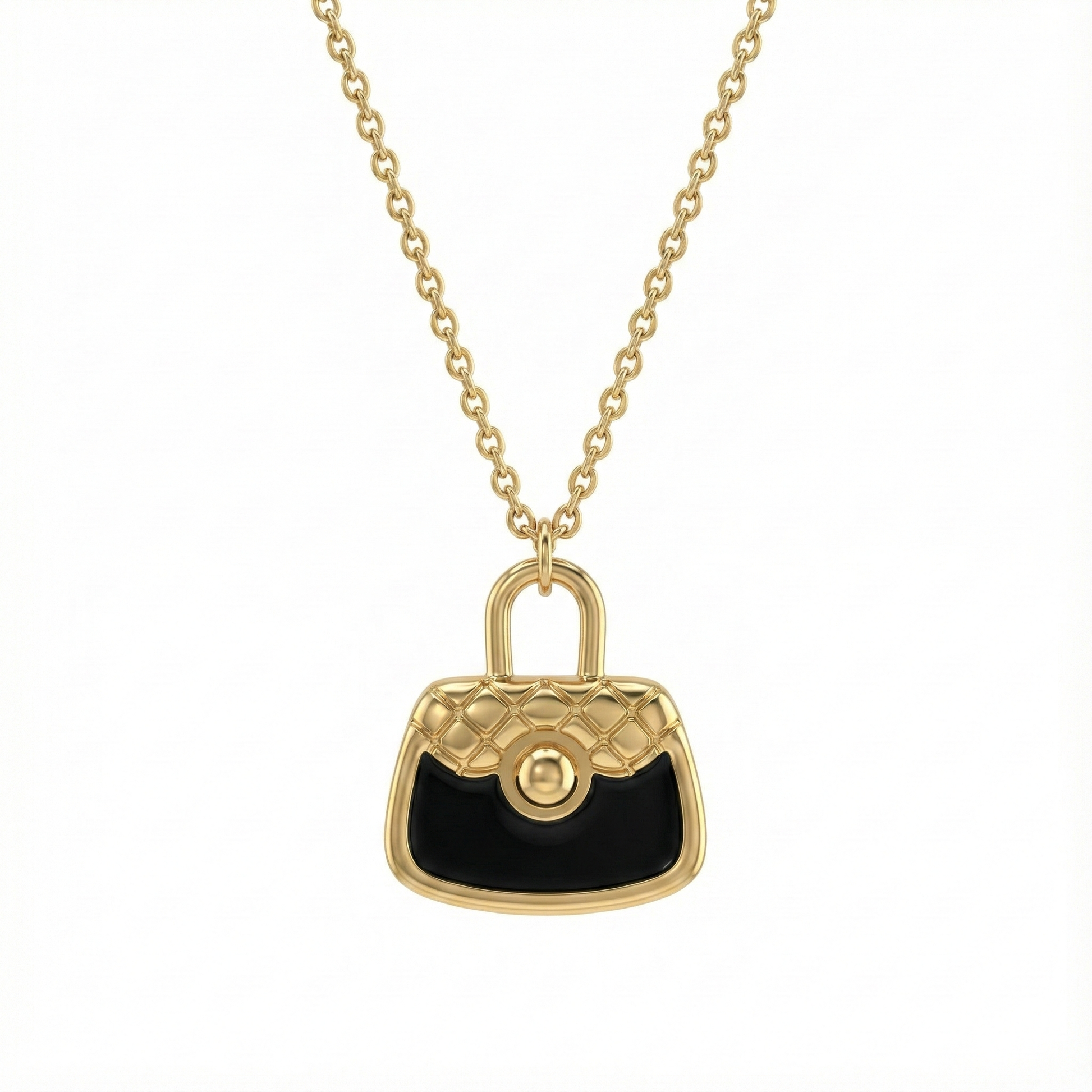 Détail pendentif sac à main noir émaillé collier doré