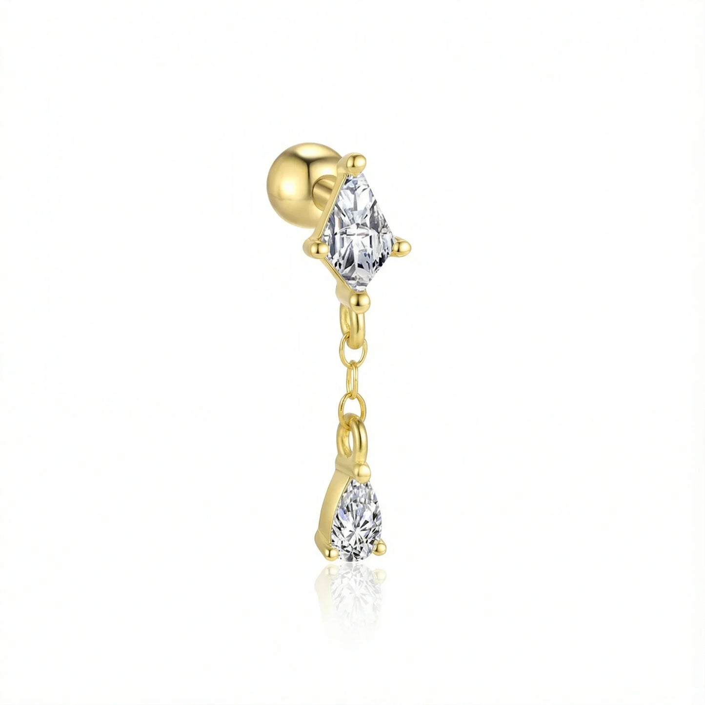 Piercing pour hélix et cartilage finition or, serti d'un cristal losange et d'une pampille goutte d'eau en zircon scintillant