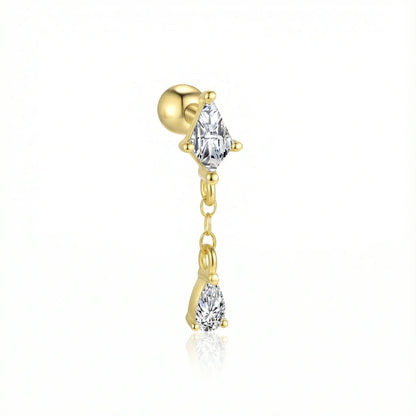 Piercing pour hélix et cartilage finition or, serti d'un cristal losange et d'une pampille goutte d'eau en zircon scintillant