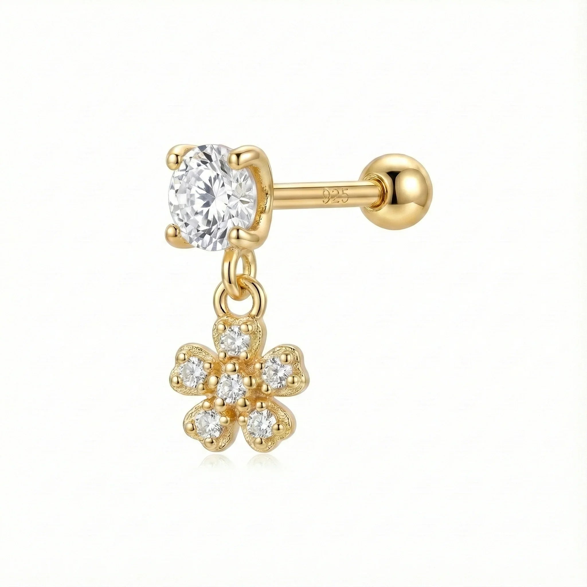 Piercing d’oreille en argent 925 doré à l’or fin avec zircon couleur champagne et fleur pendante sertie de zircons blancs
